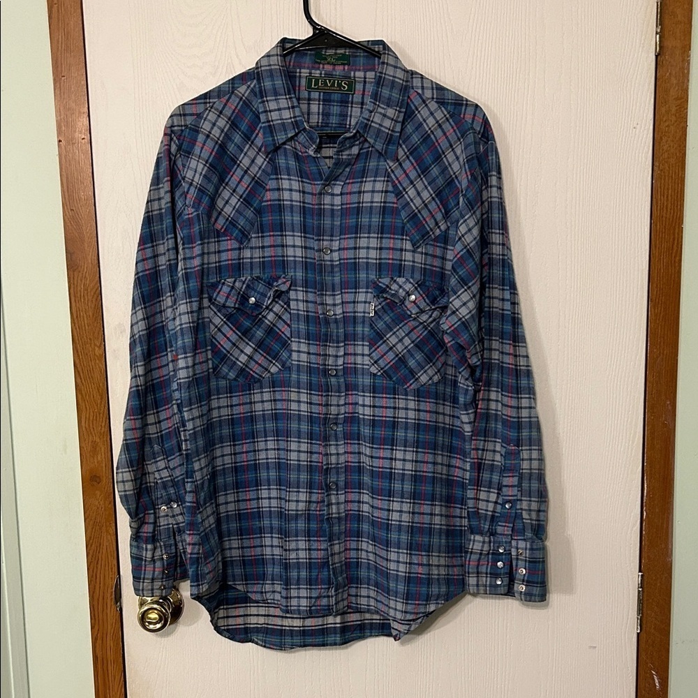 Levi’s Vintage Sutter Creek Mens Casual Blue and Red Flannel Plaid Shirt Size XL